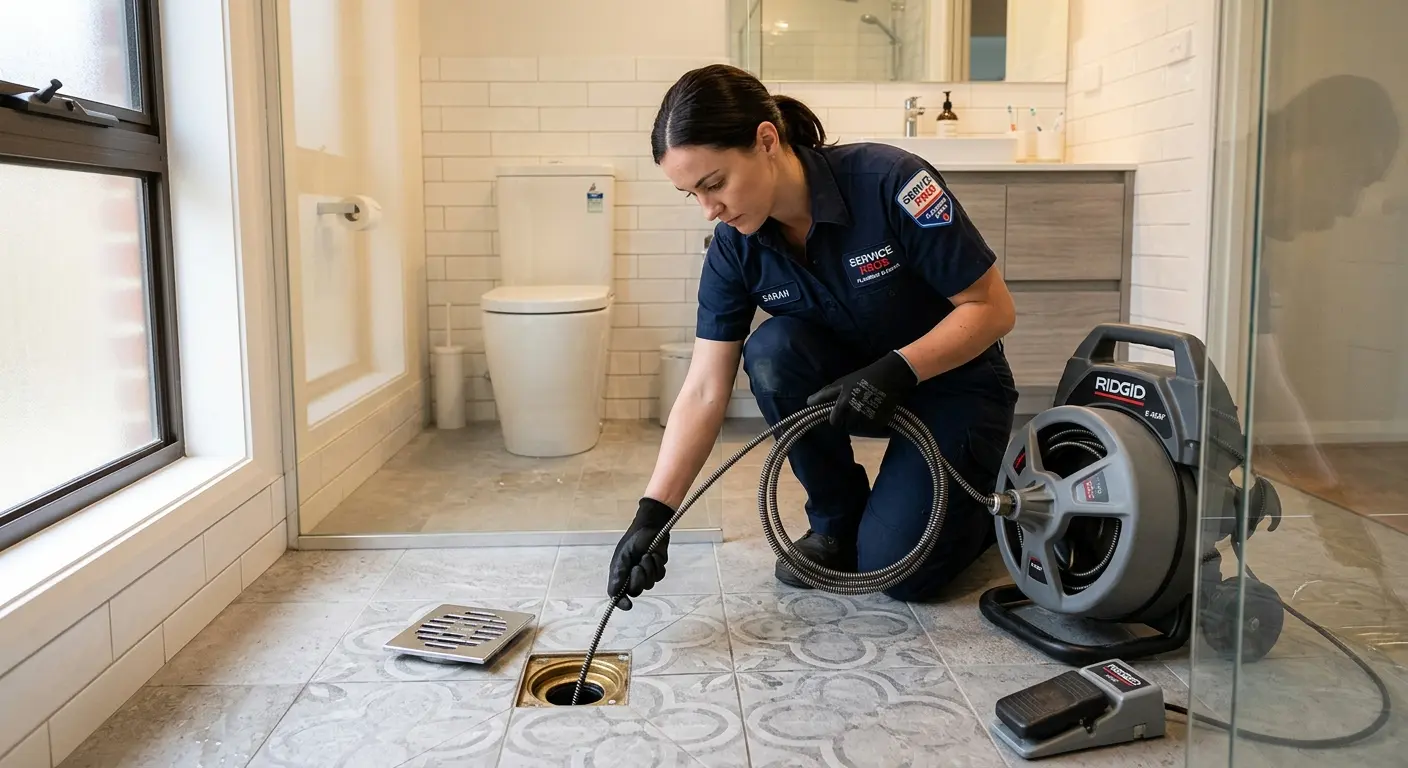 Technician clearing a bathroom floor drain for Clogged Drain Repair in Portland